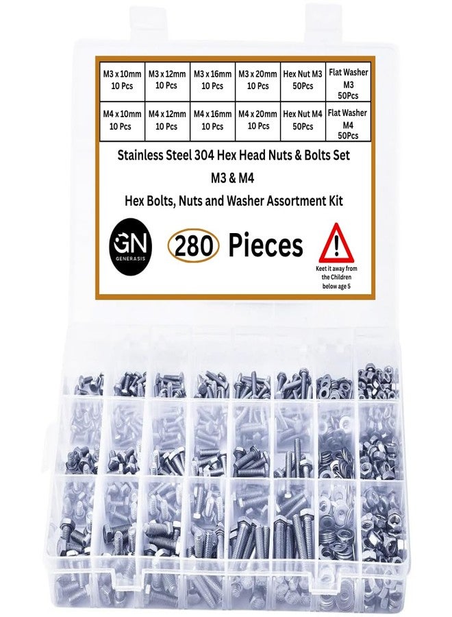 GENERASIS Hex Nut and Bolt Set (Metric Size M3 & M4 | 304 Stainless Steel Hex Bolts, Nuts & Washers Assortment Kit with Storage Box (280 Pieces Large Kit)) - Image 1
